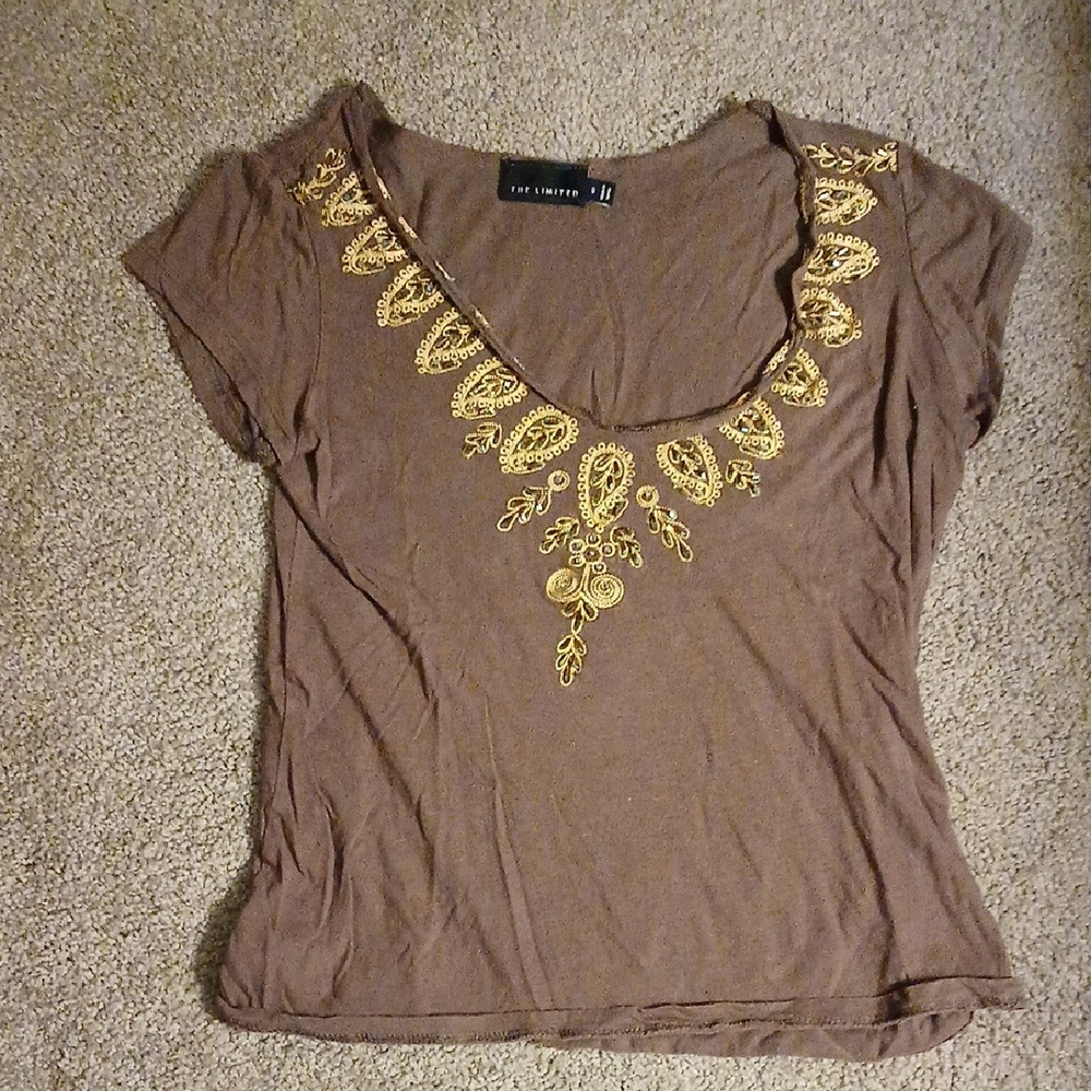 The Limited Chocolate Colored Tee with Embroidery And Beaded Detailing, S